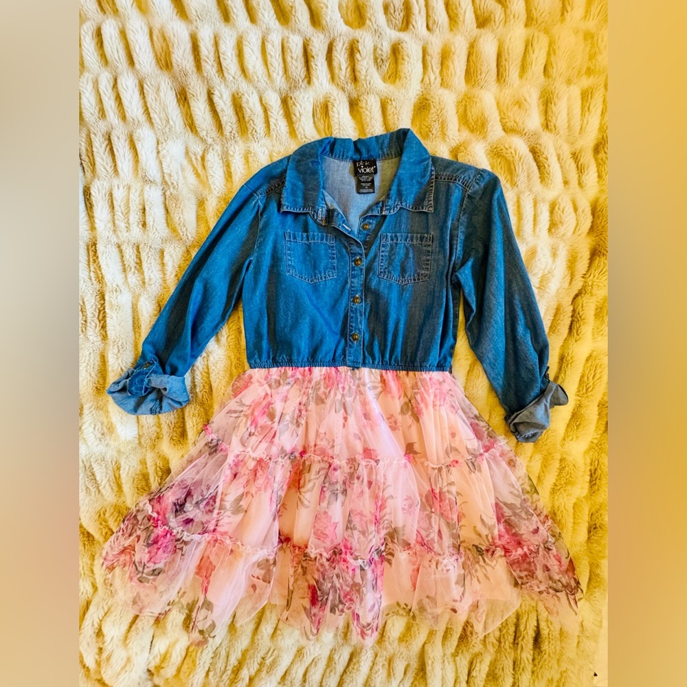 Kids Denim Jacket Dress with Pink Floral Tulle Skirt